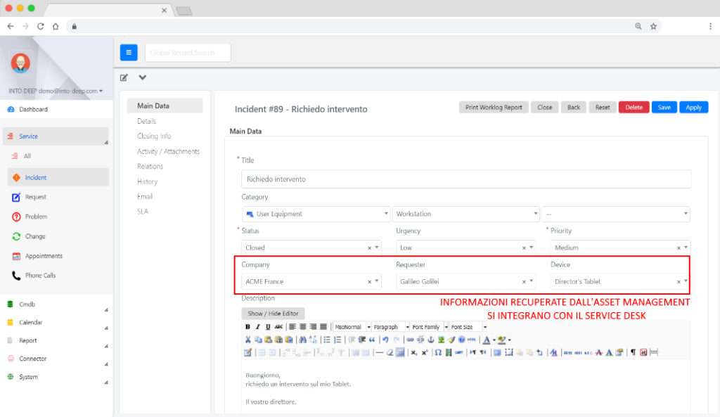 Vista Informazioni recuperate nel Service Desk