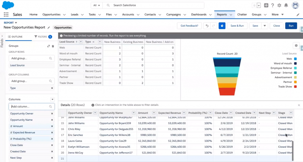 Salesforce CRM Software Opportunities Report View